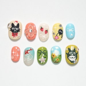 Ghibli Press On Nails, Totoro Nail Art, Kawaii Cat Nails, Soot Sprite Nails, Studio Ghibli Inspired, Cute Anime Nails
