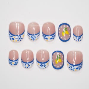 Lemon Tile Press On Nails, Blue & White French Tips with Lemon Accent, Mediterranean Summer Nails