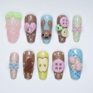 Chocolate Bunny Picnic Press On Nails, Kawaii 3D Nails with Buttons, Chocolate Bars & Strawberry Accents