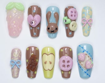 Chocolate Bunny Picnic Press On Nails, Kawaii 3D Nails with Buttons, Chocolate Bars & Strawberry Accents