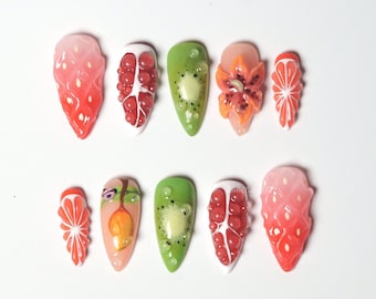 3D Fruit Press On Nails, Strawberry Kiwi Cherry Summer Nails with Sculpted Fruit Art, Juicy Vibrant Long Stiletto Nail Set
