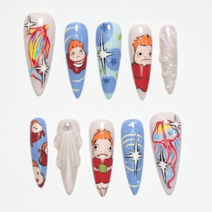 Ponyo Press On Nails, Ghibli Nail Art, Cute Anime Nails, Ocean Theme Nails, Hand Painted Nails, Kawaii Ponyo Nails, Studio Ghibli Nails