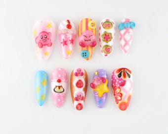 Kirby Kawaii Colorful Press On Nails, cute anime nails, 3D character nails, pastel gamer nails, kawaii nail art Z807L