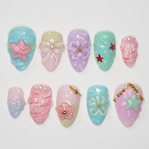 Pastel Dream Press On Nails, 3D Bow & Flower Nails, Star Beads, Mermaidcore Pastel Nails, Kawaii Cute Press On Nail Set