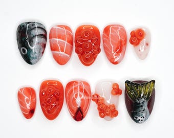 Sushi Press On Nails, Ikura Nails, Salmon Sushi Nails, Japanese Food Nails, Realistic 3D Nail Art, Fun Quirky Nails