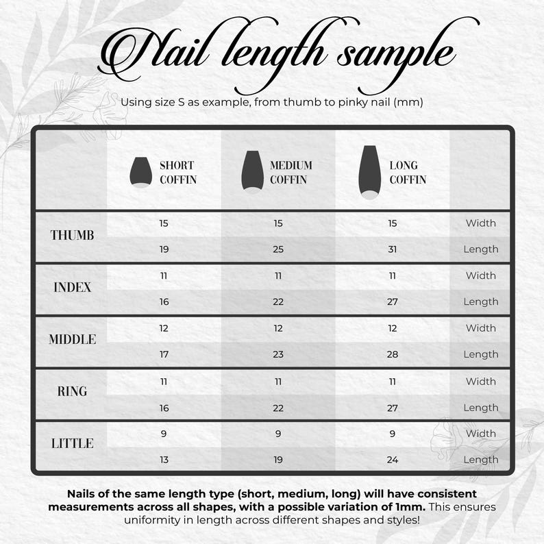 May include: A chart titled "Nail length sample" showing nail measurements in millimetres for short, medium, and long coffin-shaped nails. Measurements are provided for thumb, index, middle, ring, and little fingers.