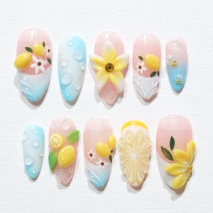 Lemon Blossom Press On Nails, 3D Citrus Fruit Nails, Yellow Flower Nail Art, Summer Cute Tips, Blue Pink Garden Nail Design