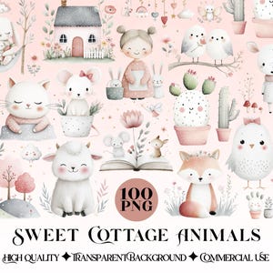 Può includere: Illustrazione ad acquerello con una collezione di adorabili animali da cottage, tra cui un maiale, un gatto, un topo, una pecora, una volpe e uccelli. L'immagine ha una morbida tavolozza di colori rosa con elementi floreali e naturali. Testo: "Sweet Cottage Animals" e "100 PNG".