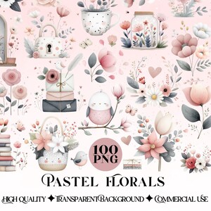 May include: A digital art collection featuring pastel floral illustrations. The image showcases various floral arrangements, including bouquets, potted plants, and individual flowers, along with butterflies, birds, and hearts. The text "Pastel Florals" and "100 PNG" are also visible.
