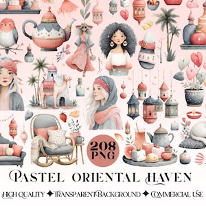 May include: Watercolor illustrations with a pastel color palette. The image features various elements, including a teapot, birds, a camel, women, lanterns, and furniture. Text reads "PASTEL ORIENTAL HAVEN" and "208 PNG".