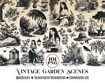 Paquete de imágenes prediseñadas de jardín vintage / Ilustraciones PNG en blanco y negro / Escena de naturaleza con mujer botánica retro / Estética cottagecore