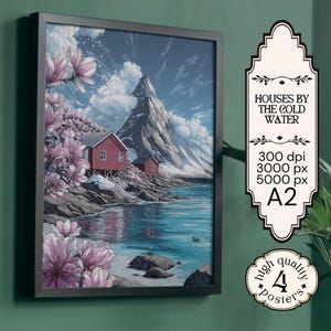 Stampa artistica da parete con paesaggio nordico / Cabina scandinava sul lago con fiori / Poster digitale di montagna A2 / Stampa della natura invernale