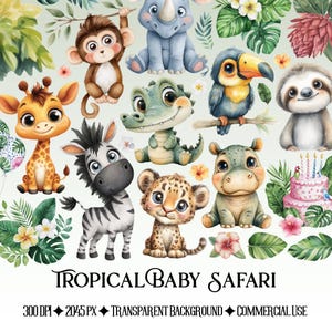 May include: A watercolor illustration featuring a collection of adorable baby safari animals, including a giraffe, zebra, leopard, hippo, and rhino. The image includes the text "TROPICAL BABY SAFARI".