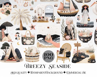 Breezy Seaside Clipart | Nautical Beach PNG Bundle | Coastal Girl Illustrations | Summer Cottagecore Art | 100 PNG