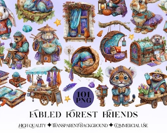 May include: Watercolor illustrations of whimsical forest creatures, including rabbits, a tiger cub, and a raccoon, in various scenes. The image includes a raccoon selling goods from a cart, a rabbit eating noodles, and a tiger cub wearing a hooded coat. Text: "Fabled Forest Friends".