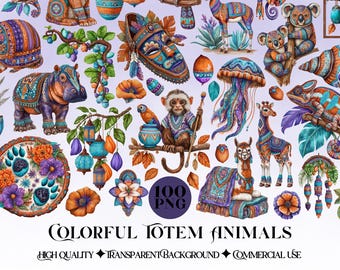 Totem Animals Clipart Bundle | Boho Jungle Spirit Animal PNG | Colorful Tribal Wildlife Illustrations | Mystical Forest Art