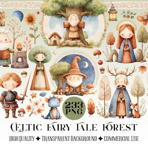 Puede incluir: Ilustración en acuarela de un bosque de cuentos de hadas celtas con varios personajes, incluyendo magos, hadas y un dragón. La imagen presenta árboles, setas y estrellas. El texto en la parte inferior dice "Celtic Fairy Tale Forest".
