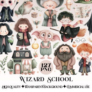 Könnte beinhalten: Aquarellillustrationen von Charakteren und Elementen einer Zauberschule. Das Bild enthält verschiedene Figuren, einen Frosch, einen Geist, einen Zug und ein Geschäft. Der Text "Wizard School" wird unten zusammen mit "127 PNG" angezeigt.