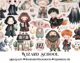 Wizard School Clipart Bundle | Magical Kids Illustrations PNG | Cute Witch & Wizard Characters | Transparent Background | Digital Set
