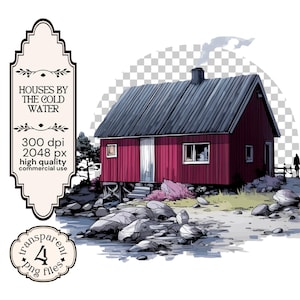 Clipart di una cabina rossa nordica / Pacchetto PNG di una casa scandinava / Arte rustica di un cottage invernale / Sfondo trasparente 300 DPI