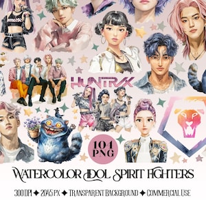May include: A digital art collage featuring watercolor illustrations of various idols and characters. The image includes the text "HUNTRX", "104 PNG", and "WATERCOLOR IDOL SPIRIT FIGHTERS". The background is a light pink color with star accents.
