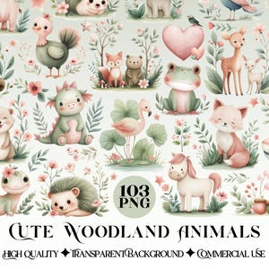 May include: A watercolour illustration of various cute woodland creatures, such as foxes, bears, and deer, with floral and heart motifs. The image includes the text "Cute Woodland Animals" and "103 PNG".