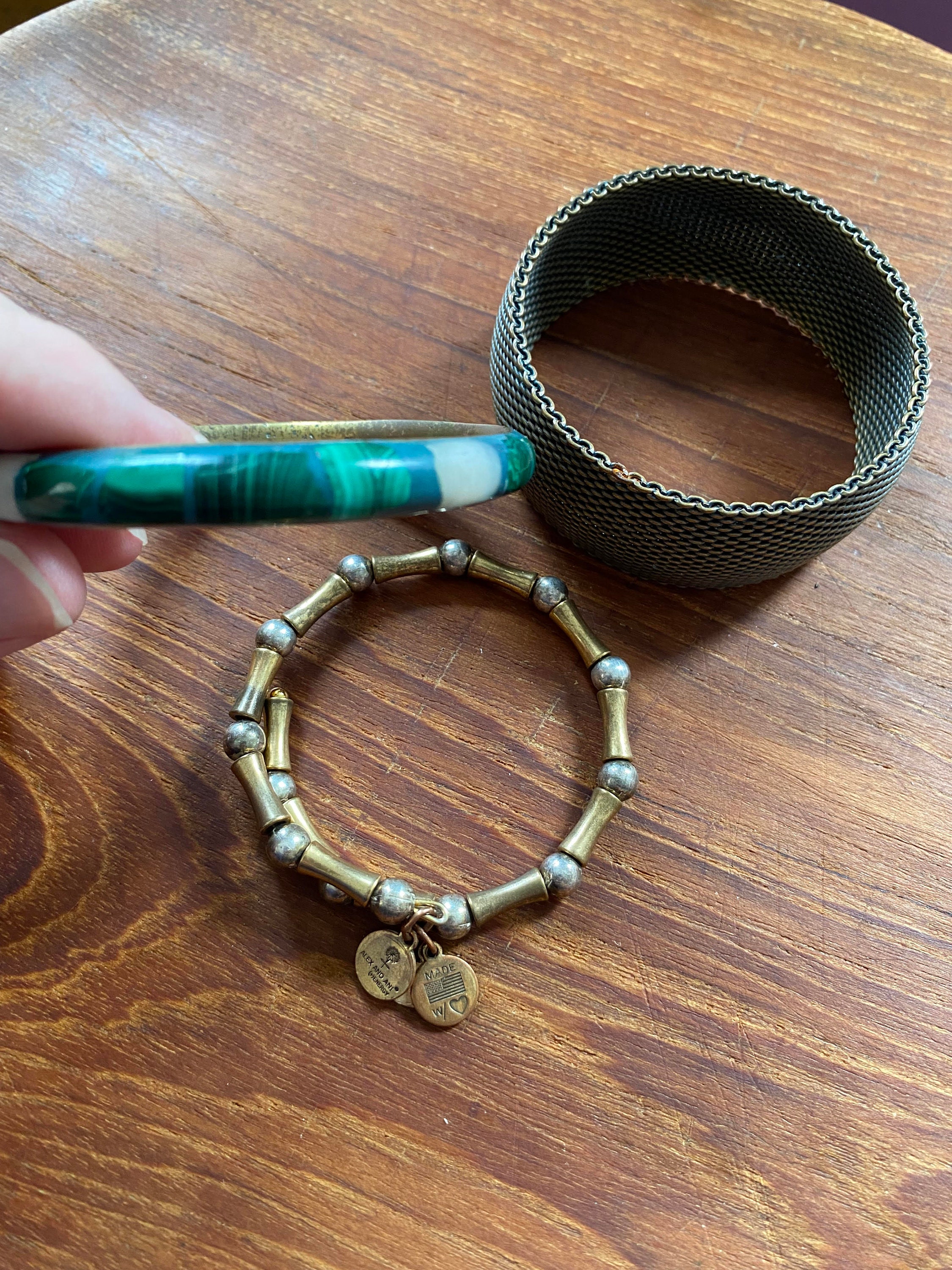 Vintage Malachite Brass Bangle Bracelet, Wide Copper Mesh
