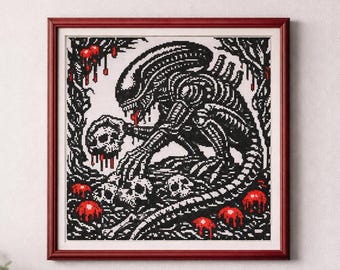Xenomorph Cross Stitch Pattern (2) PDF: Dark Sci-Fi Horror Design