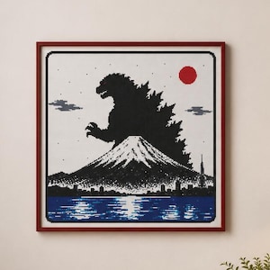 Patrón de punto de cruz de Godzilla y el Monte Fuji en PDF / Arte japonés de monstruos gigantes