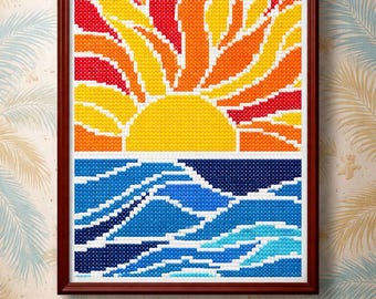 Sunrise Ocean Cross Stitch Pattern, Geometric Seascape (PDF Download)