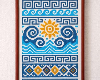 Greek Ocean Waves Cross Stitch Pattern PDF: Mosaic Style Pattern