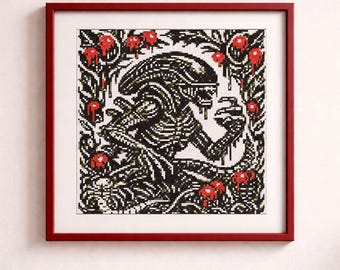 Xenomorph Cross Stitch Pattern PDF: Dark Sci-Fi Horror Design