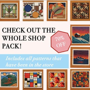May include: A selection of framed needlepoint art pieces featuring geometric and landscape designs. The image includes text that reads "CHECK OUT THE WHOLE SHOP PACK!" and "Includes all patterns that have been in the store."