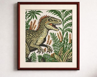 Patrón de punto de cruz de dinosaurio prehistórico, T-Rex de la jungla jurásica, PDF de bordado moderno