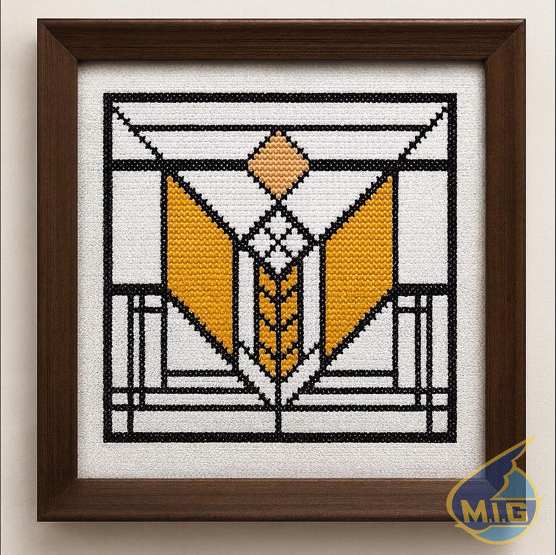May include: Framed cross-stitch art featuring a geometric design in black, white, and yellow. The artwork is framed in a dark brown wooden frame. The design includes diamond and angular shapes.