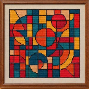 Puede incluir: Obra de arte en punto de cruz enmarcada con un diseño geométrico abstracto. La obra presenta una vibrante gama de colores, incluyendo rojo, naranja, amarillo y verde azulado, dispuestos en un patrón de cuadrícula con formas circulares y rectangulares. El marco es de madera.
