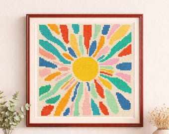Colorful Sunburst Cross Stitch Pattern PDF, Retro Abstract Embroidery, Bright Geometric Wall Decor