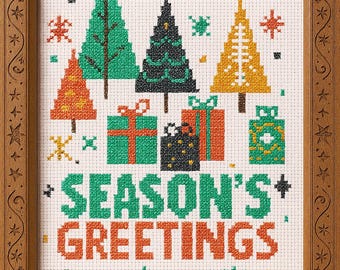 Schema punto croce "Buon Natale" in stile moderno di metà secolo (2): albero di Natale retrò/regali e design tipografico festivo