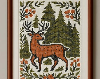 Festive Reindeer Cross Stitch Pattern - PDF Rustic Christmas Needlepoint Design