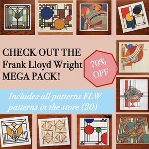 Peut inclure: Plusieurs motifs de point de croix colorés et géométriques inspirés des créations de Frank Lloyd Wright. Le texte "CHECK OUT THE Frank Lloyd Wright MEGA PACK!" et "Includes all patterns FLW patterns in the store (20)" est visible. Un octogone rose indique "70% OFF".
