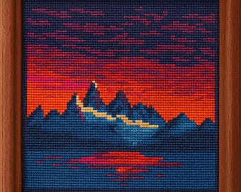 Patagonia Sunset Cross Stitch Pattern – Modern Landscape Embroidery (PDF Pattern)