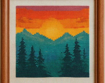 Schema punto croce "Tramonto in montagna" - Ricamo paesaggio moderno (PDF)