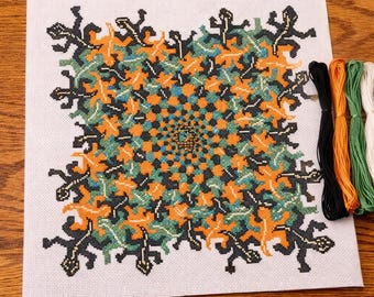M.C. Escher Cross Stitch Pattern (3), Lizards Tessellation, Modernistic Collection, PDF pattern