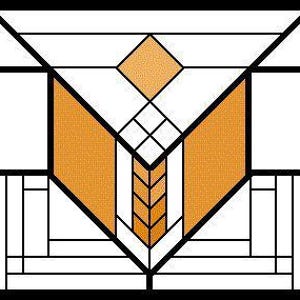 May include: Geometric stained glass design with a black border. The design features orange, white, and black shapes, including a central diamond and a stylized floral element. The artwork is symmetrical and abstract.