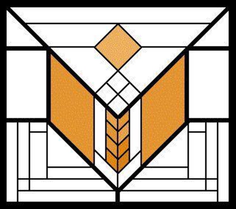 May include: Geometric stained glass design with a black border. The design features orange, white, and black shapes, including a central diamond and a stylized floral element. The artwork is symmetrical and abstract.