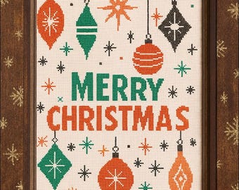 Mid-Century Modern Merry Christmas Cross Stitch Pattern (1): Retro Holiday Ornaments & Festive Typography Design