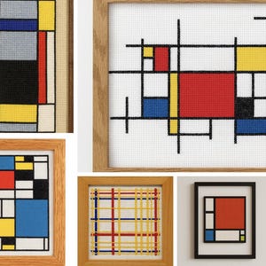 Puede incluir: Colección de obras de arte abstractas enmarcadas al estilo de Piet Mondrian. Cada pieza presenta formas geométricas en colores primarios, negro y blanco, sobre un fondo neutro. Los marcos son de madera.