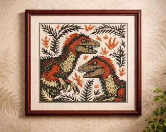 Patrón de punto de cruz de dinosaurio Velociraptor en PDF: Rapaces jurásicas prehistóricas, gráfico de bordado moderno, descarga instantánea