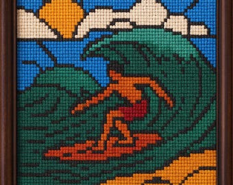 Surfing Cross Stitch Pattern - Retro Beach Ocean Wave Embroidery PDF