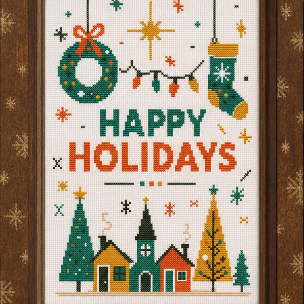Mid-Century Modern Merry Christmas Cross Stitch Pattern (3): Retro Holiday Village, Wreath & Christmas Decor Design